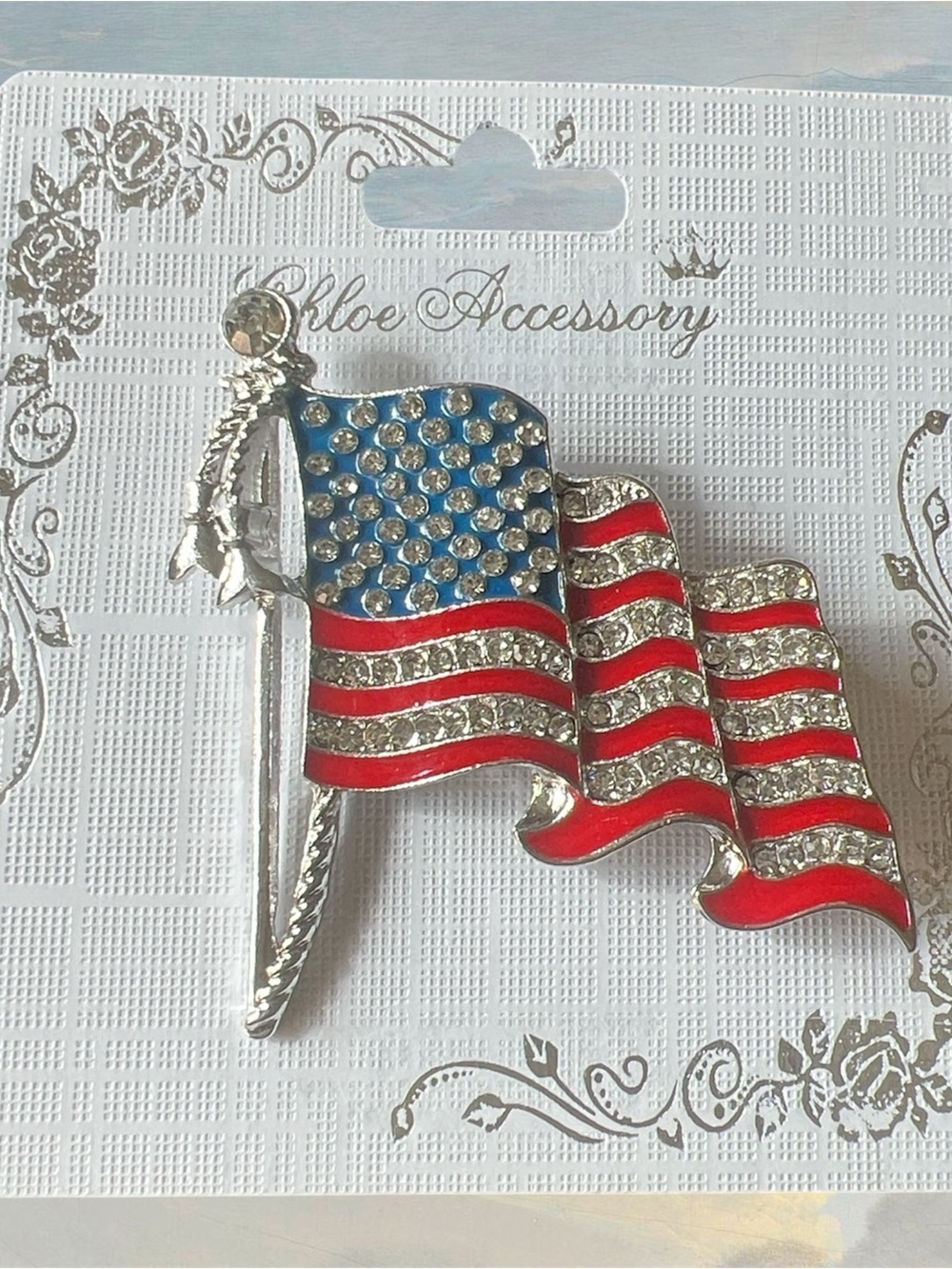 American Flag Crystal Brooch - Red, Blue, Silver